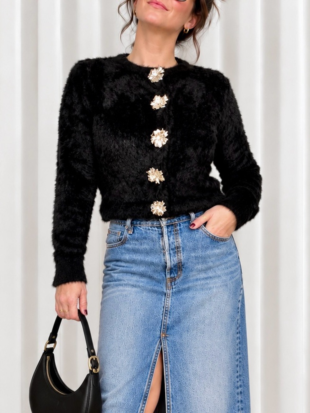 ZARA Faux Fur Sweater/ Teddy Jacket Black Silver Floral Jewel Buttons NWT